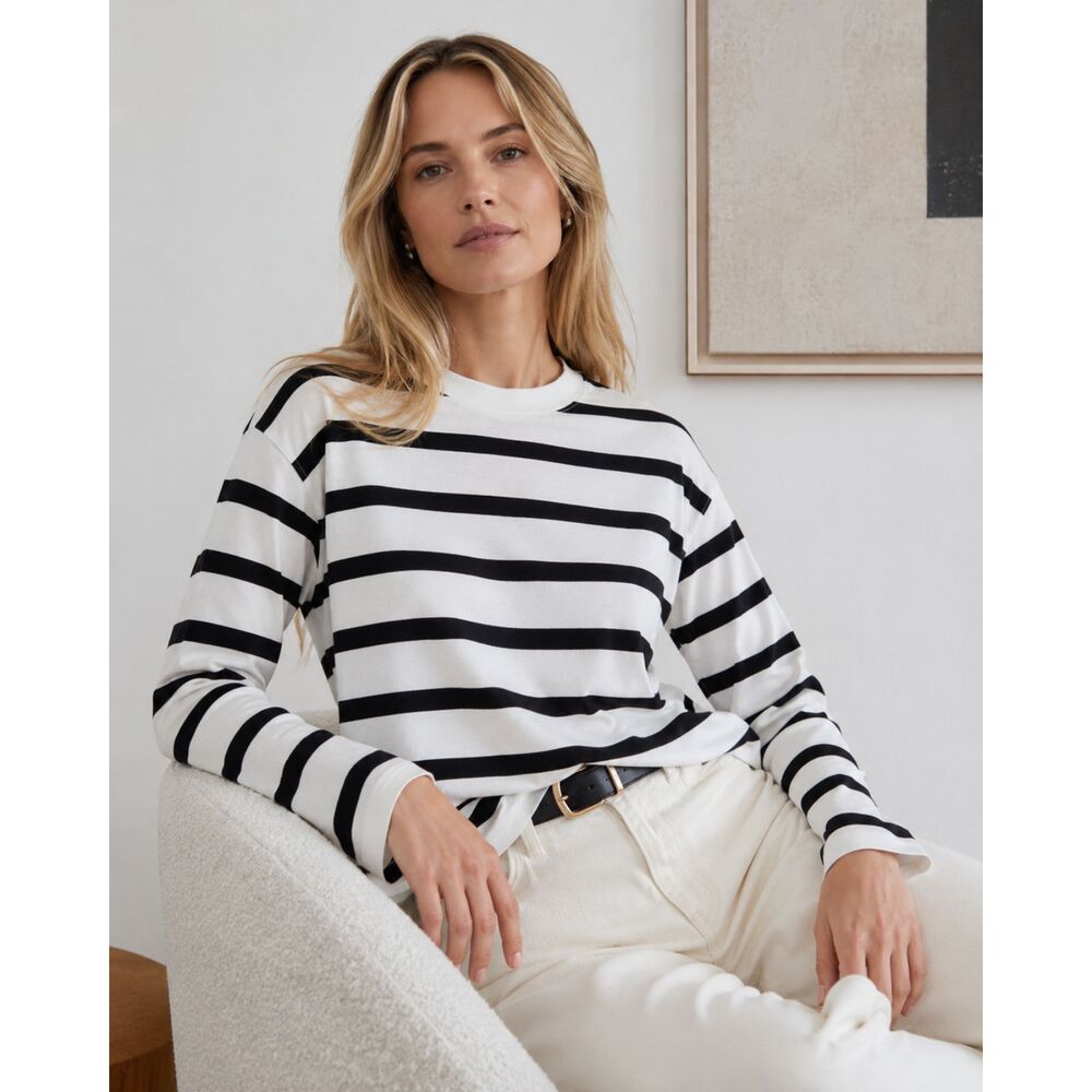 AYR All Year Round Black White Stripe Pullover Sweatshirt Women's Size Small